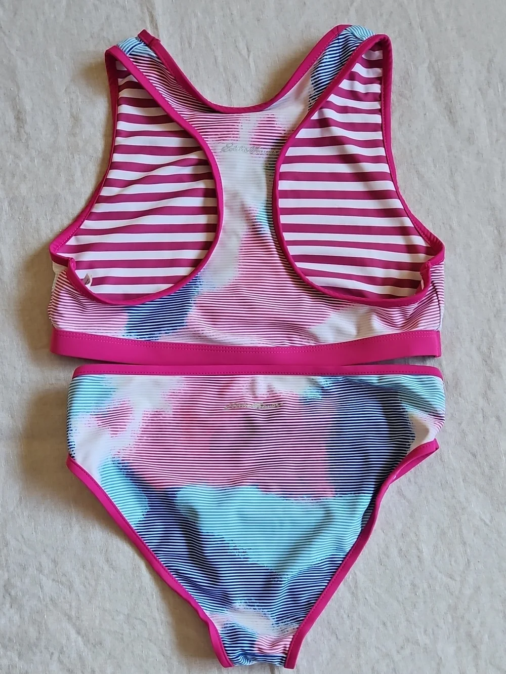 Eddie Bauer Girls Pink and Blue Patterned Two-Piece Reversible Swim Set Sz 14-16